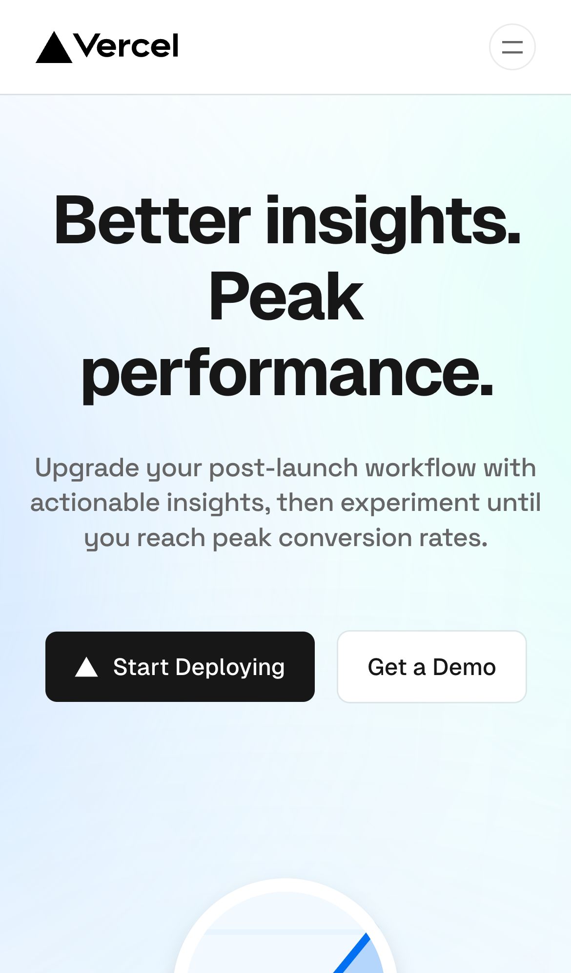 vercel analytics interface, mobile light fold screenshot
