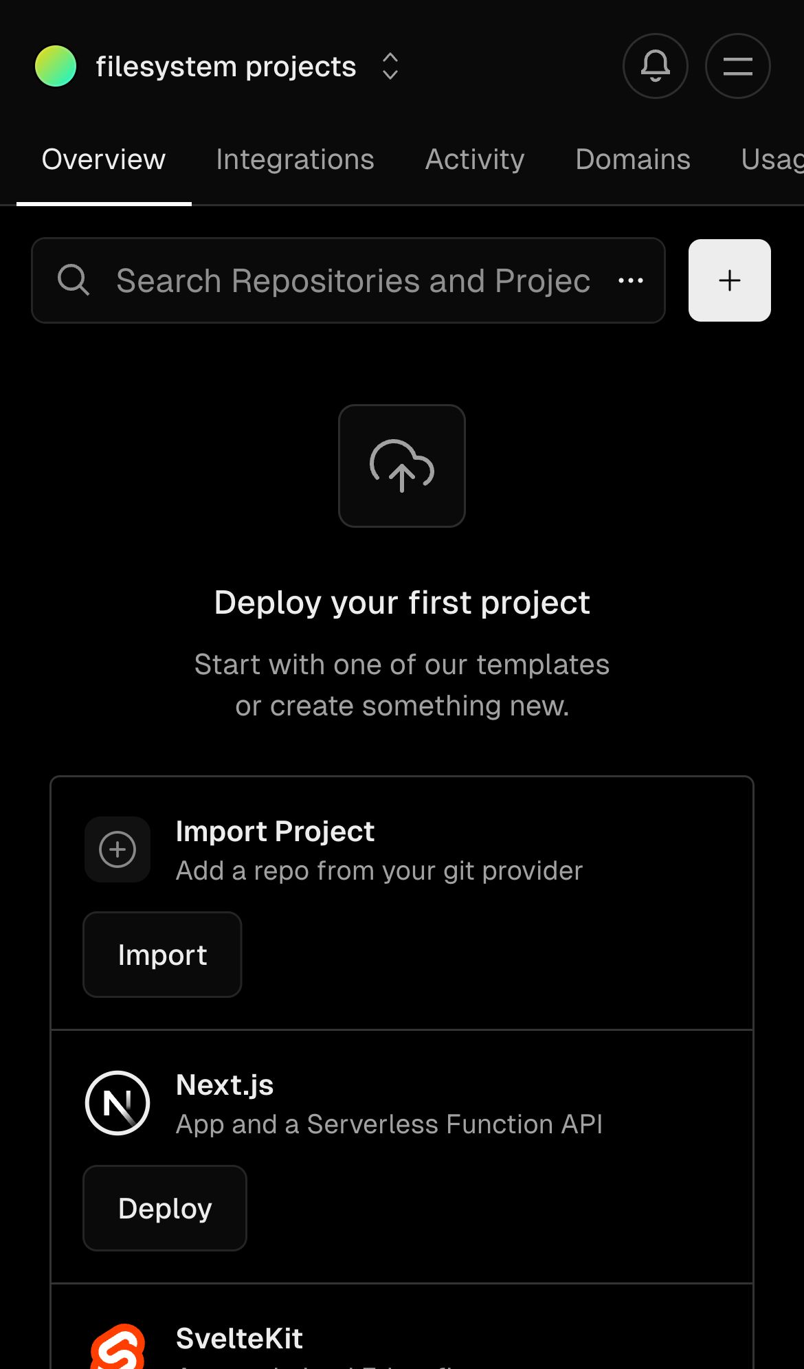 vercel dashboard setup interface, mobile dark fold screenshot