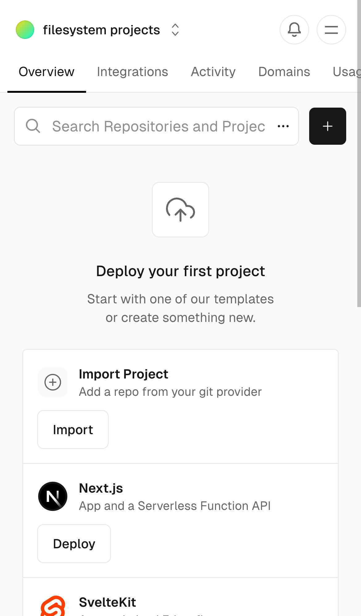 vercel dashboard setup interface, mobile light fold screenshot