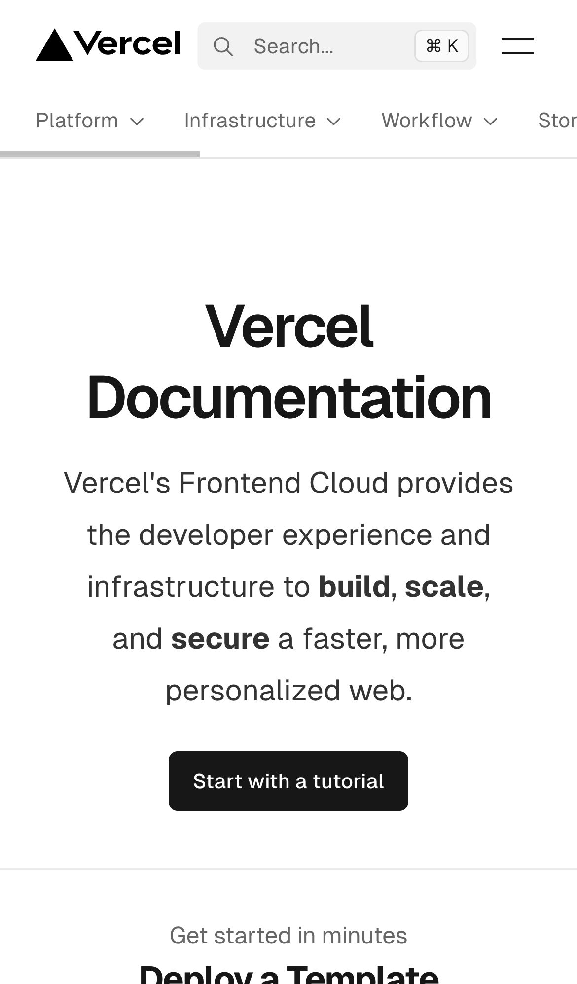 vercel documentation interface, mobile light fold screenshot