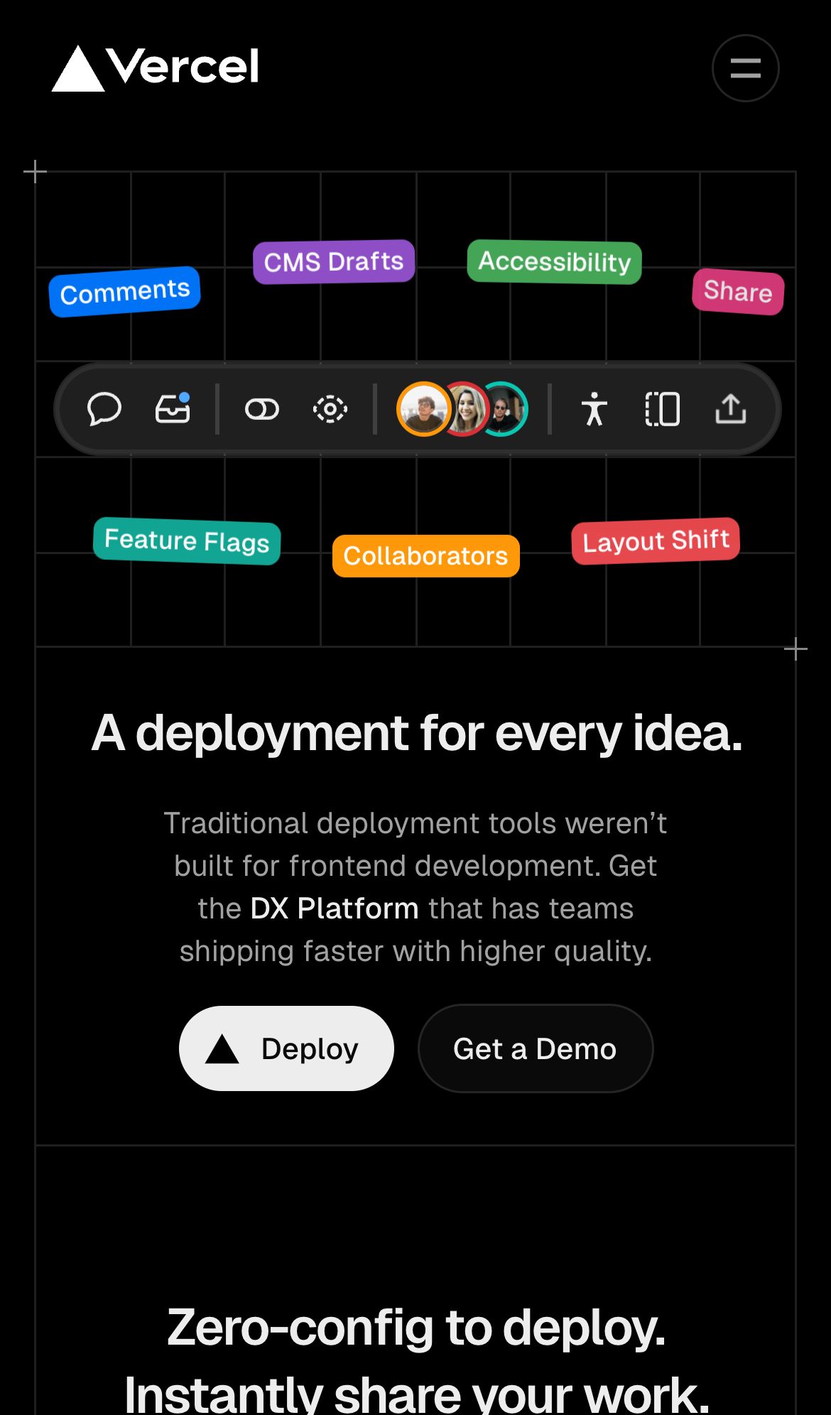 vercel DX platform interface, mobile dark fold screenshot