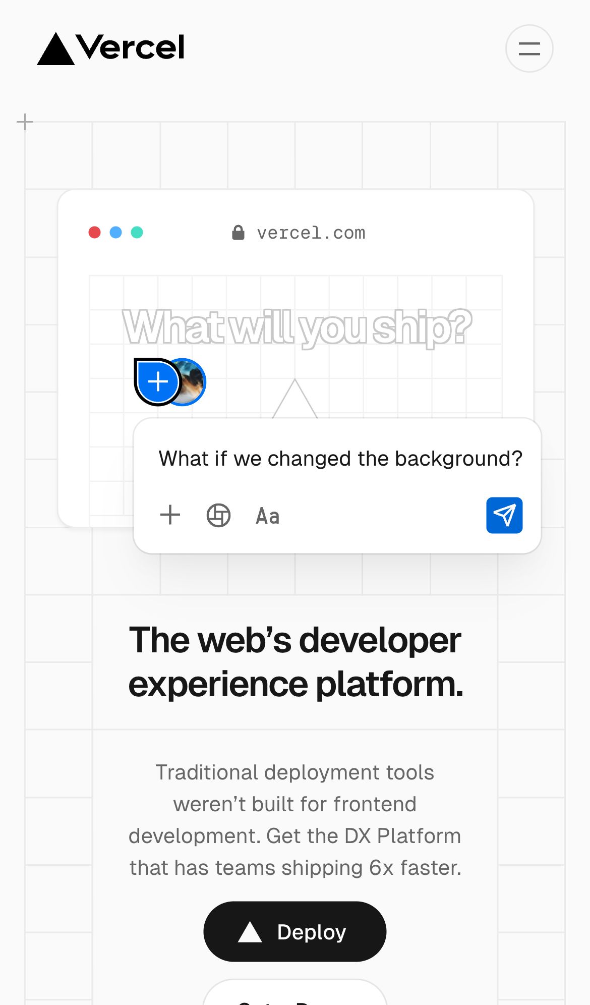 vercel DX platform interface, mobile light fold screenshot