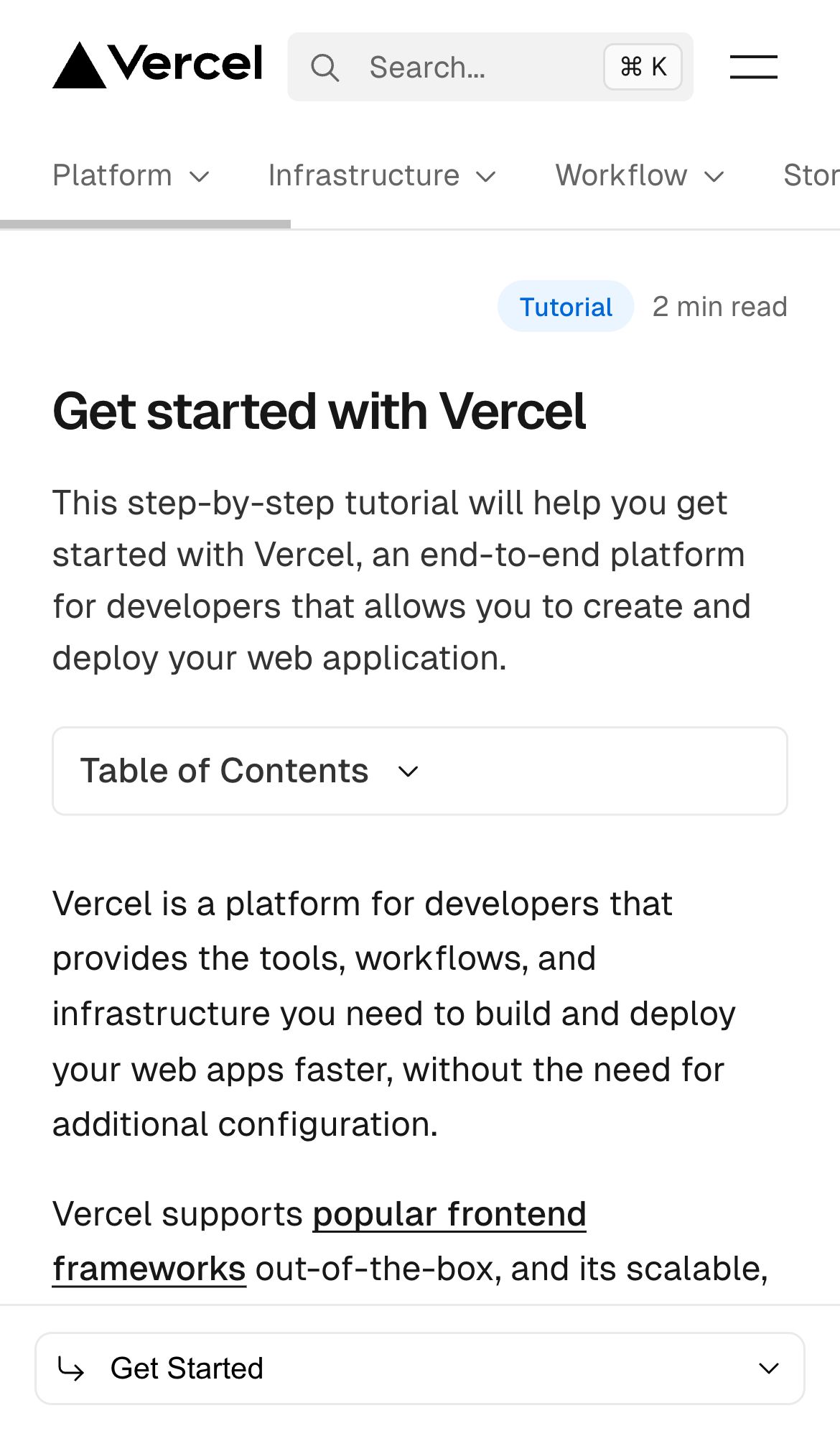 vercel getting started interface, mobile light fold screenshot