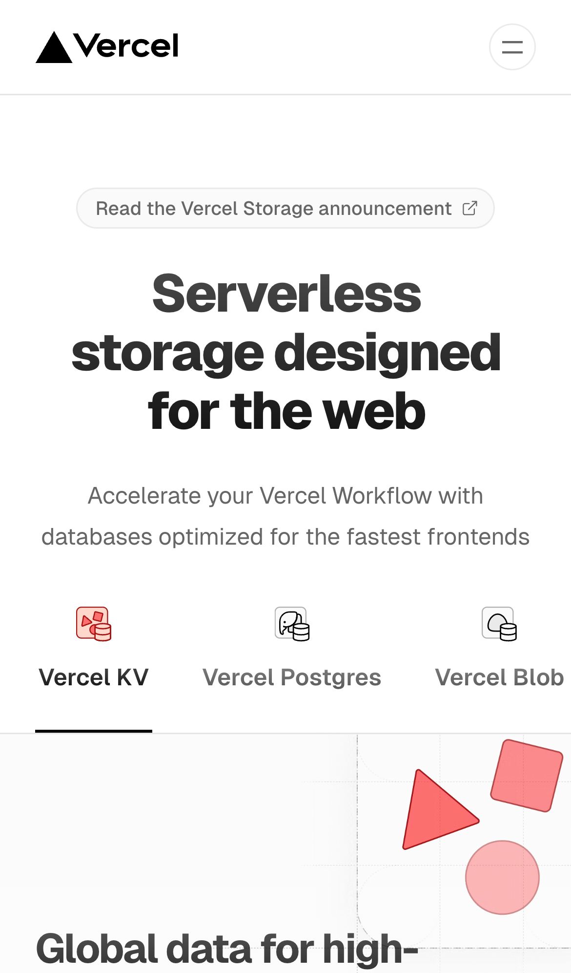 vercel KV interface, mobile light fold screenshot