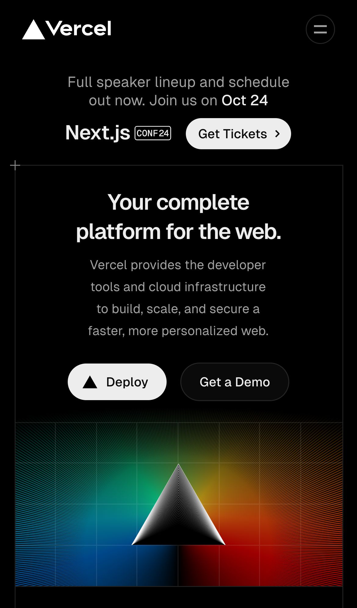vercel landing interface, mobile dark fold screenshot
