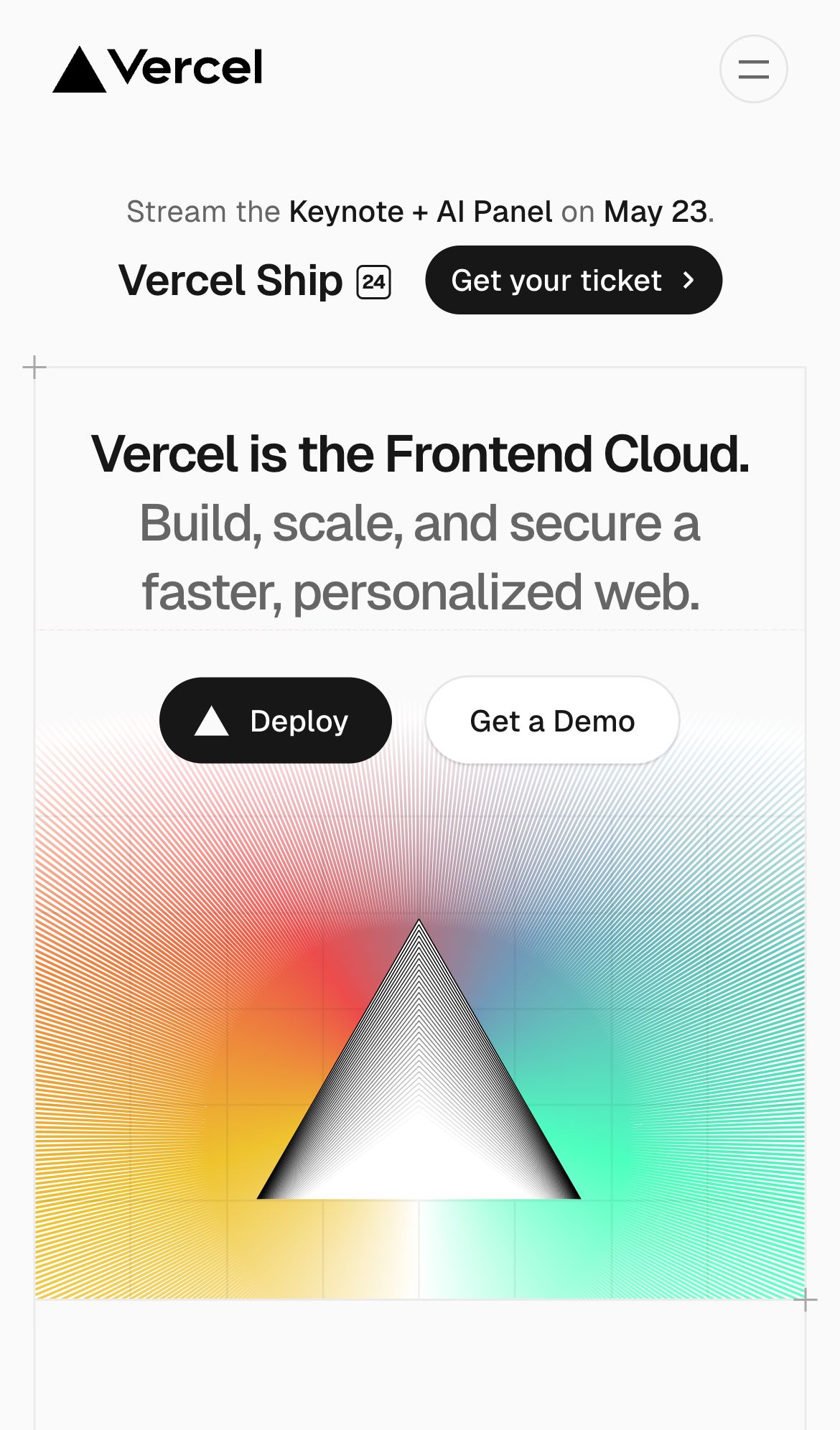 vercel landing interface, mobile light fold screenshot