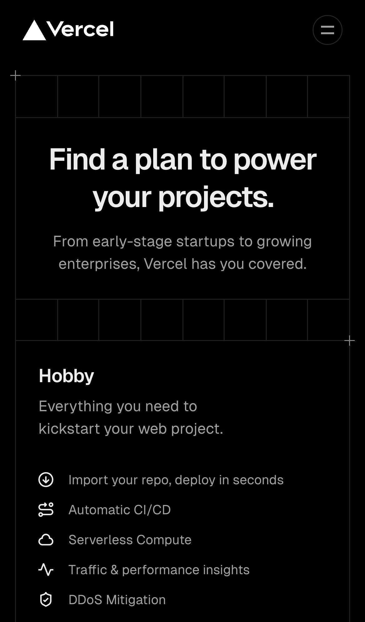 vercel pricing interface, mobile dark fold screenshot