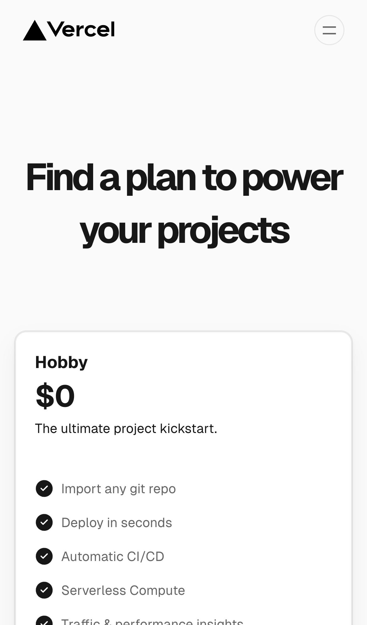 vercel pricing interface, mobile light fold screenshot