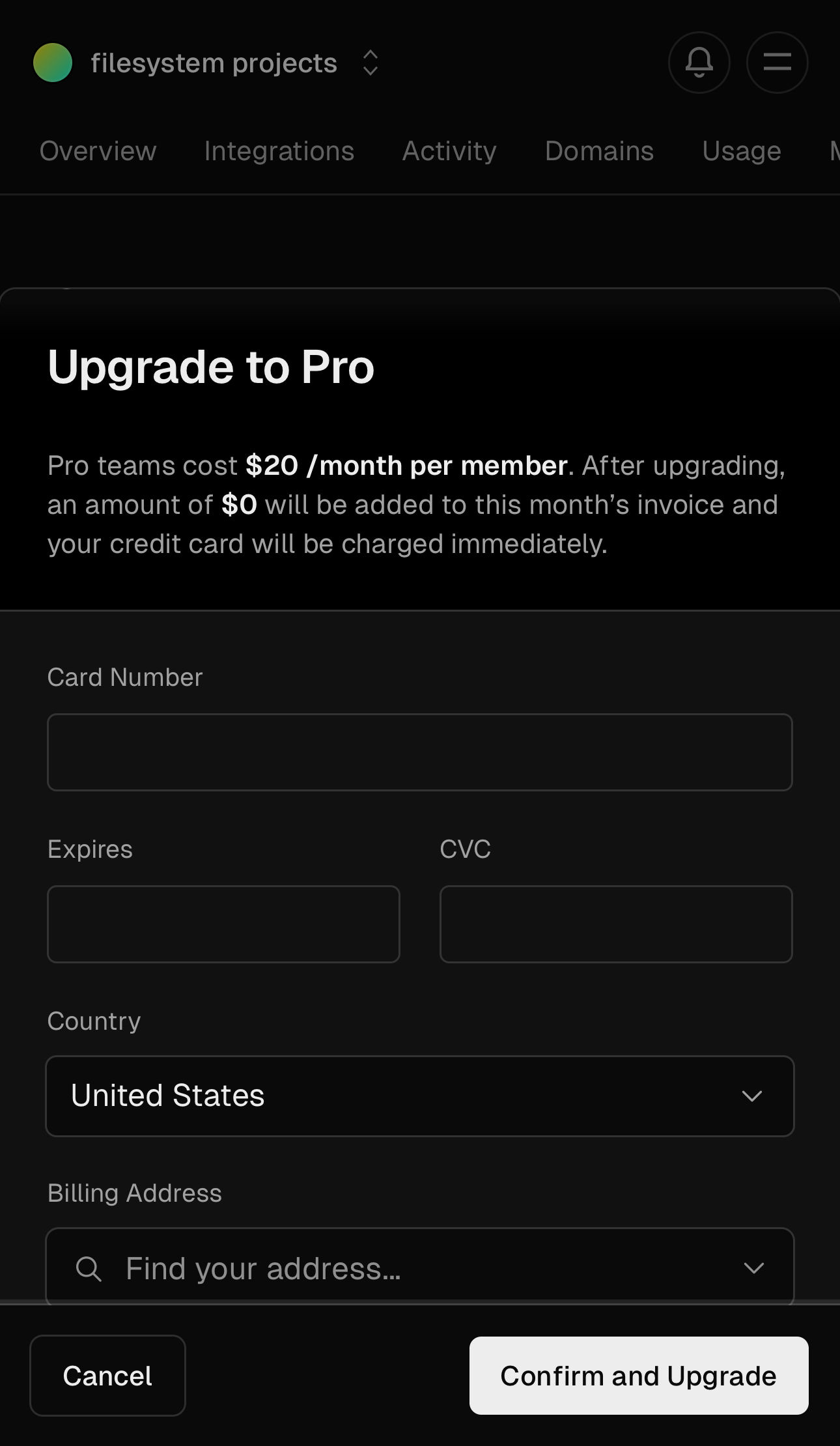 vercel team settings billing – upgrade interface, mobile dark fold screenshot