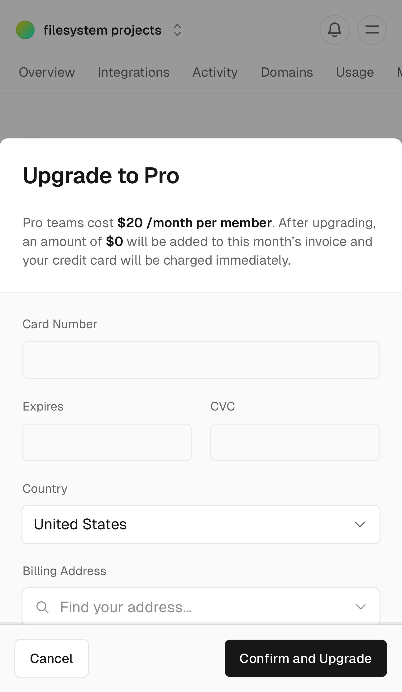 vercel team settings billing – upgrade interface, mobile light fold screenshot