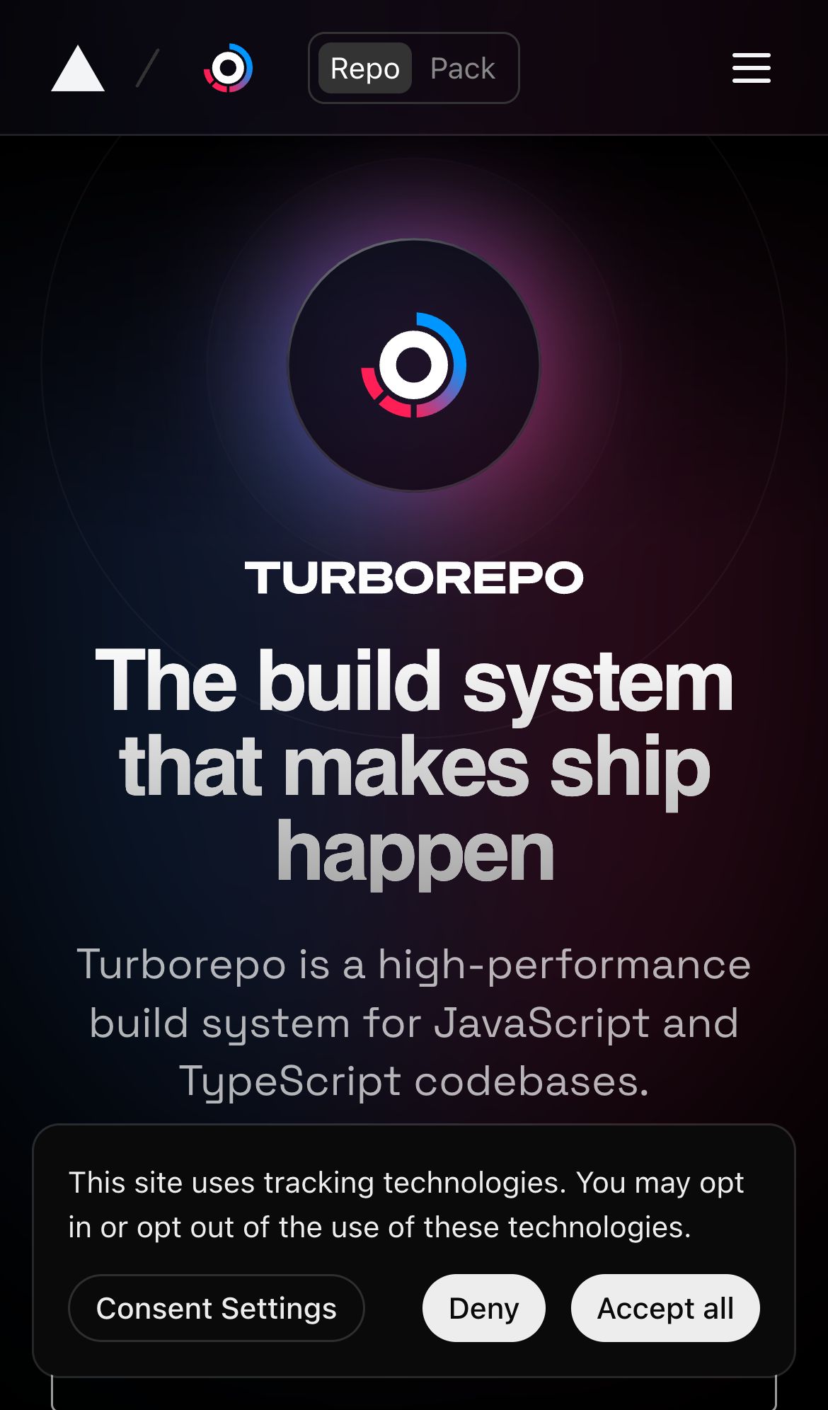 vercel turborepo interface, mobile light fold screenshot