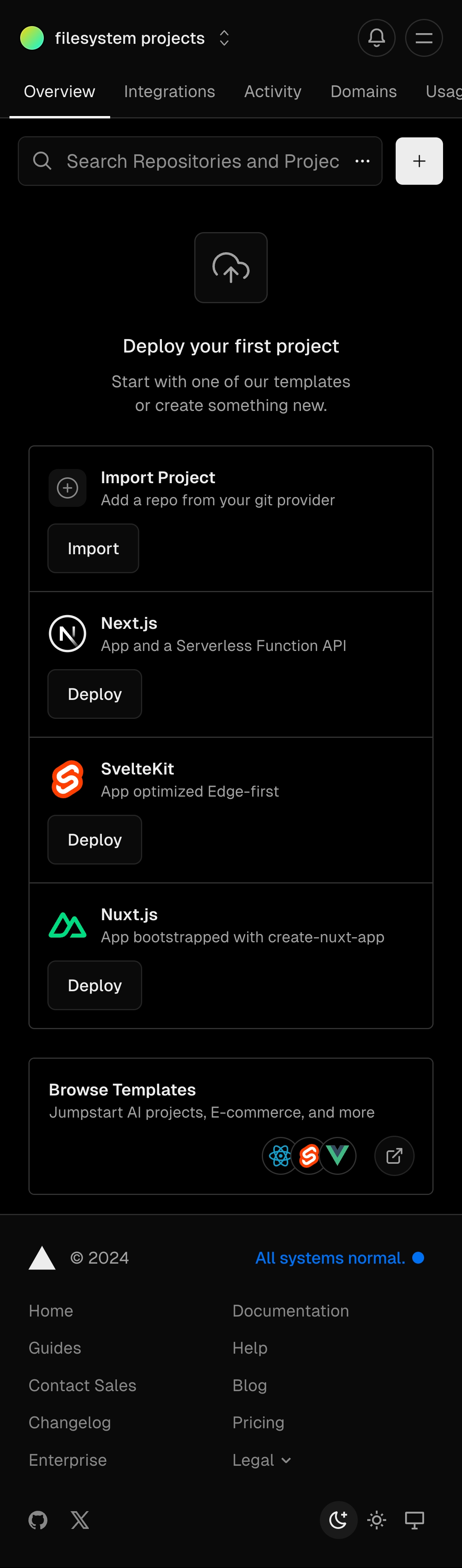 vercel dashboard setup interface, mobile dark full screenshot