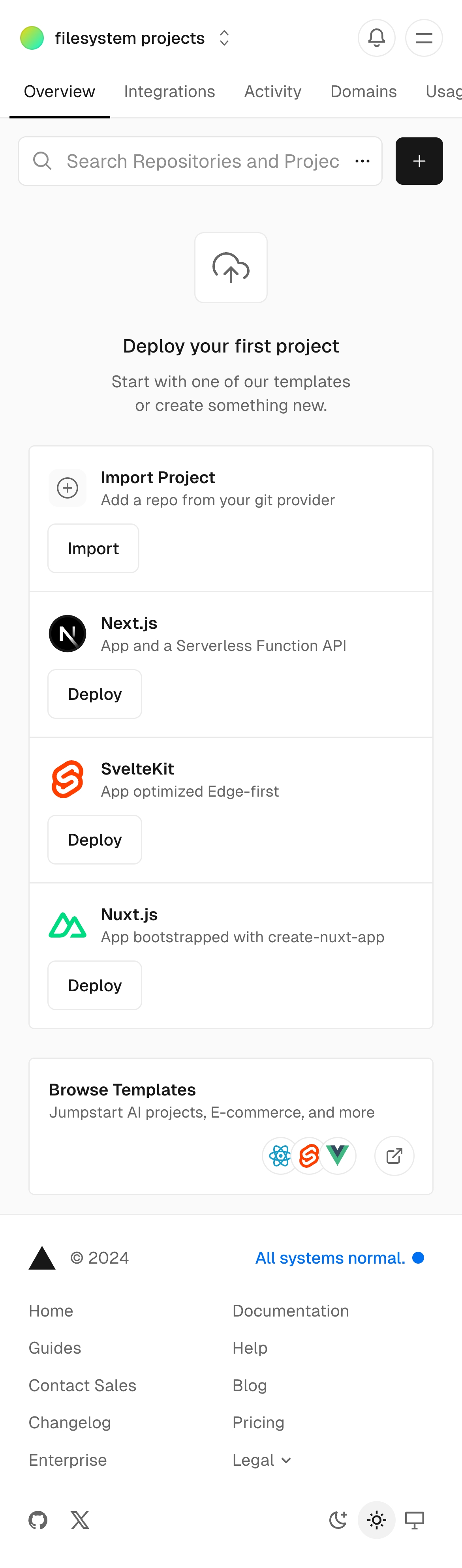 vercel dashboard setup interface, mobile light full screenshot