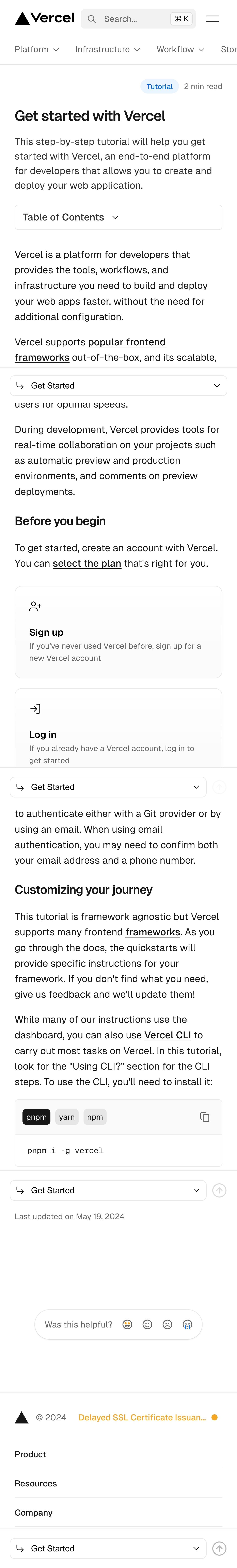 vercel getting started interface, mobile light full screenshot