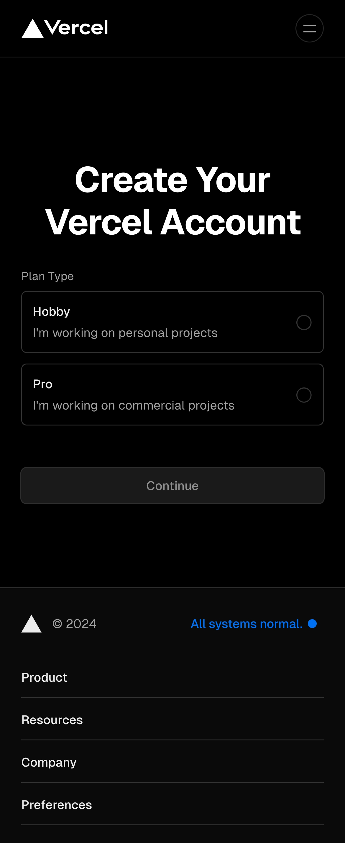 vercel signup interface, mobile dark full screenshot