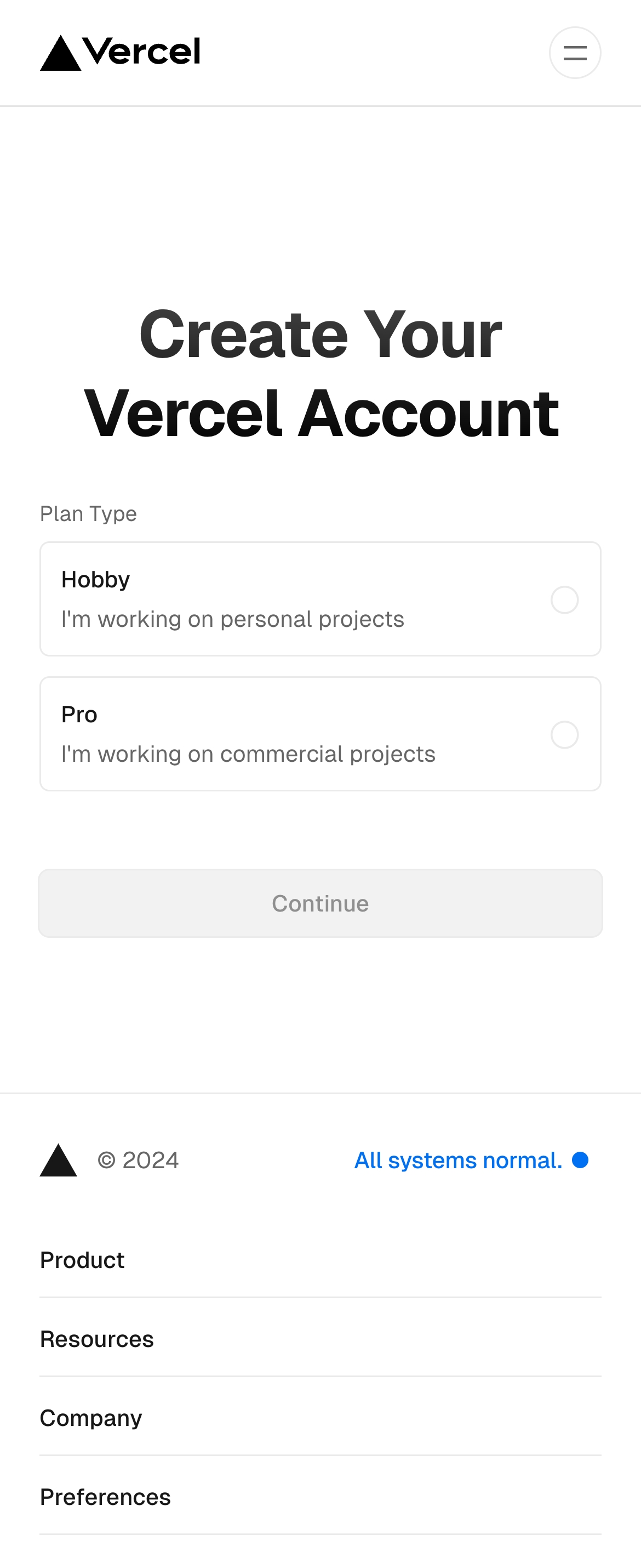 vercel signup interface, mobile light full screenshot