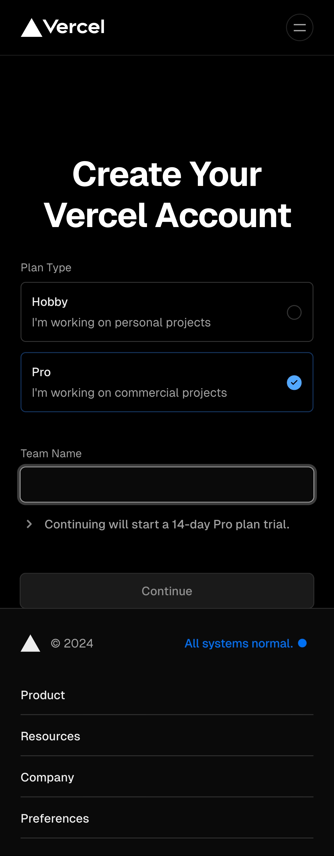 vercel signup – pro interface, mobile dark full screenshot