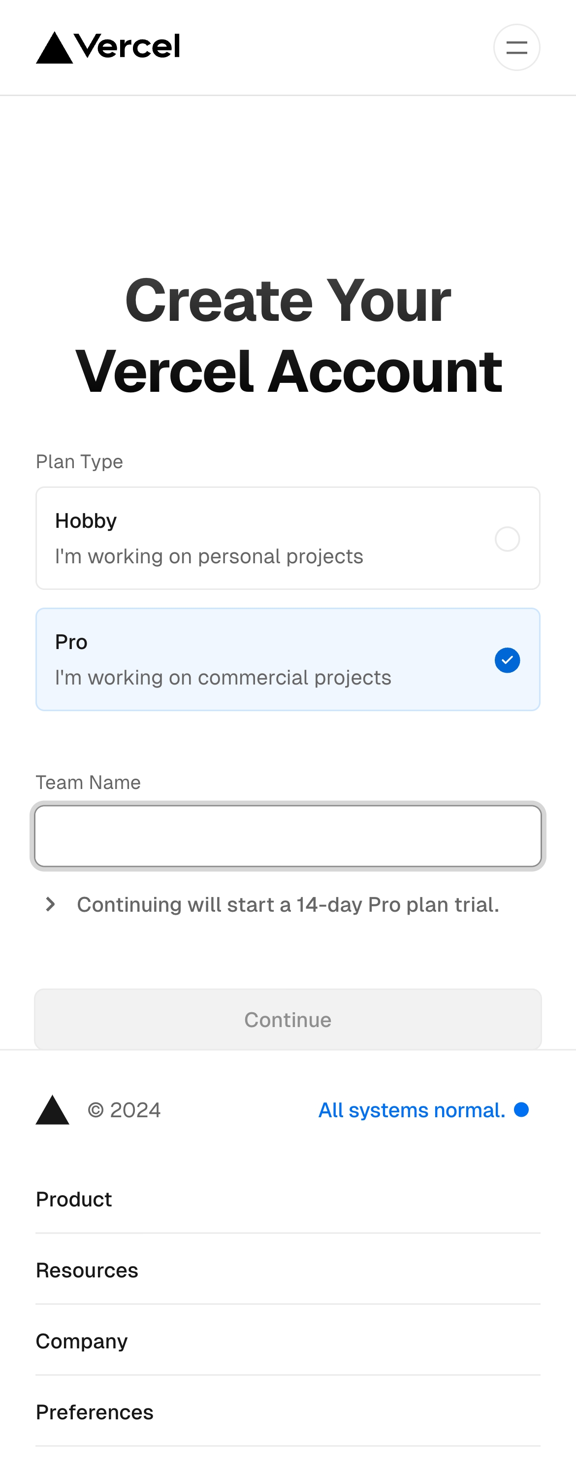 vercel signup – pro interface, mobile light full screenshot
