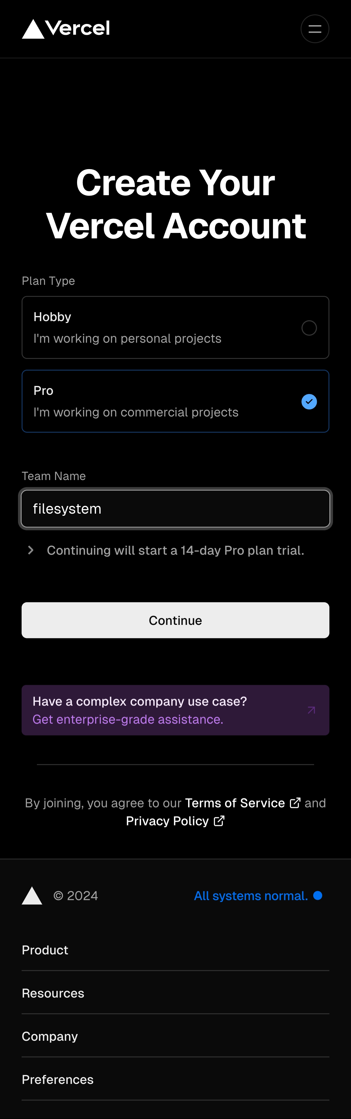 vercel signup – pro filled interface, mobile dark full screenshot