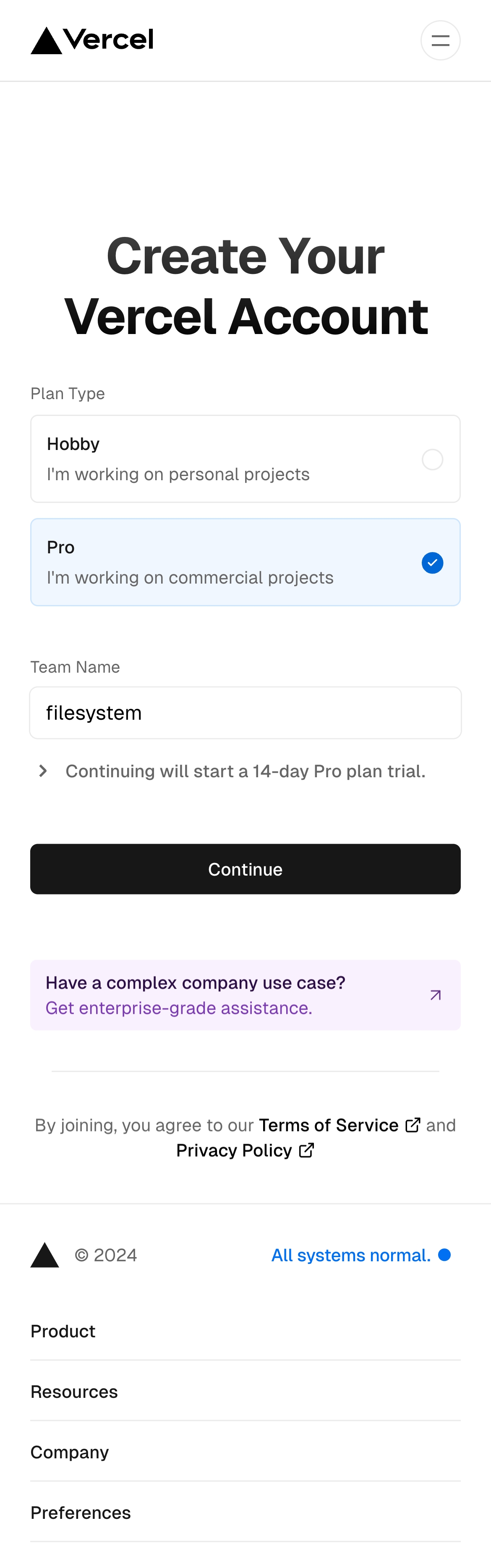 vercel signup – pro filled interface, mobile light full screenshot