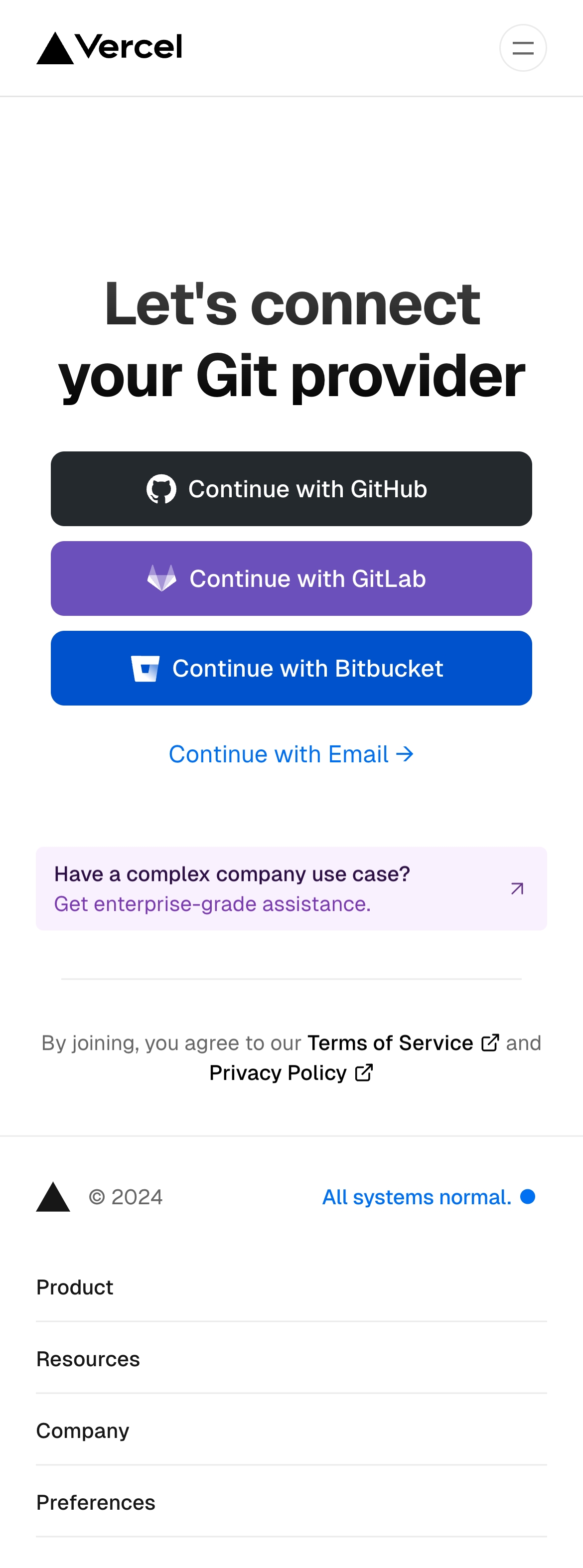 vercel signup – provider interface, mobile light full screenshot